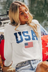 White USA Flag Corded Graphic Long Sleeve