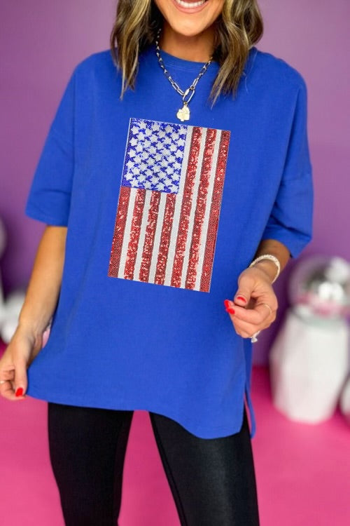 Dark Blue Sequin American Flag Graphic Shirt