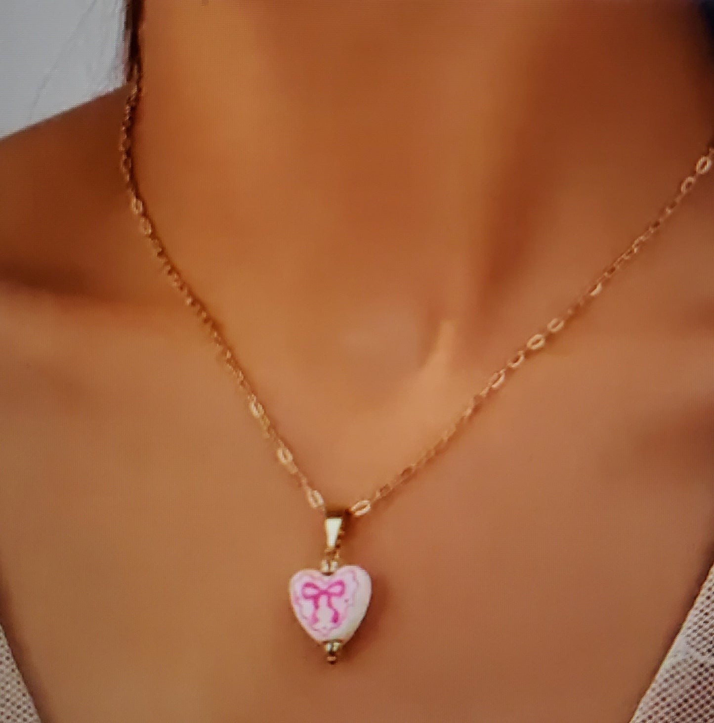 Ceramic Heart With Pink Bow Design Necklace