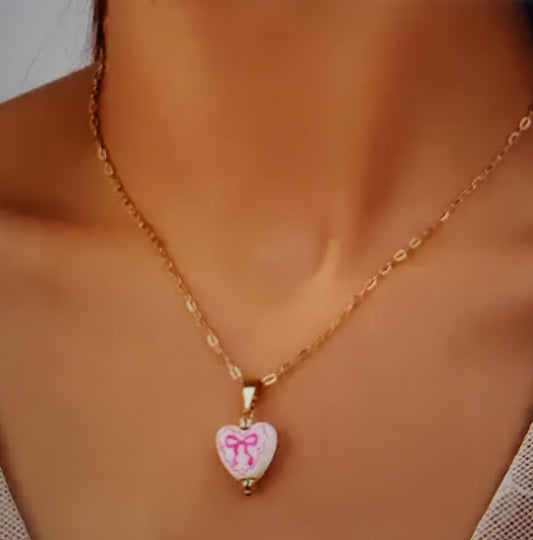 Ceramic Heart With Pink Bow Design Necklace