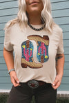 Khaki Sequined Western Boots Graphic Tee