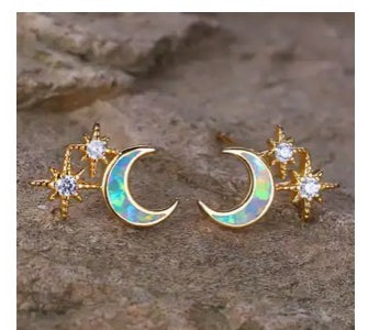 Golden White Opal Star and Moon Earrings