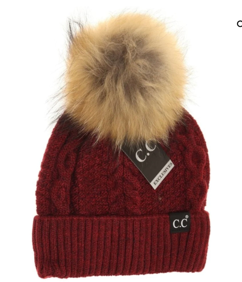 Ribbed Cuff Fur Pom Beanie