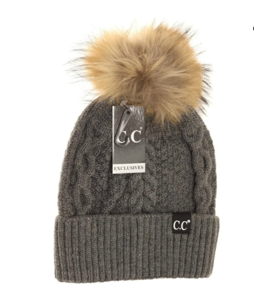 Ribbed Cuff Fur Pom Beanie