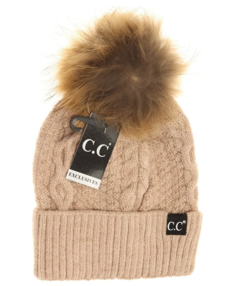 Ribbed Cuff Fur Pom Beanie