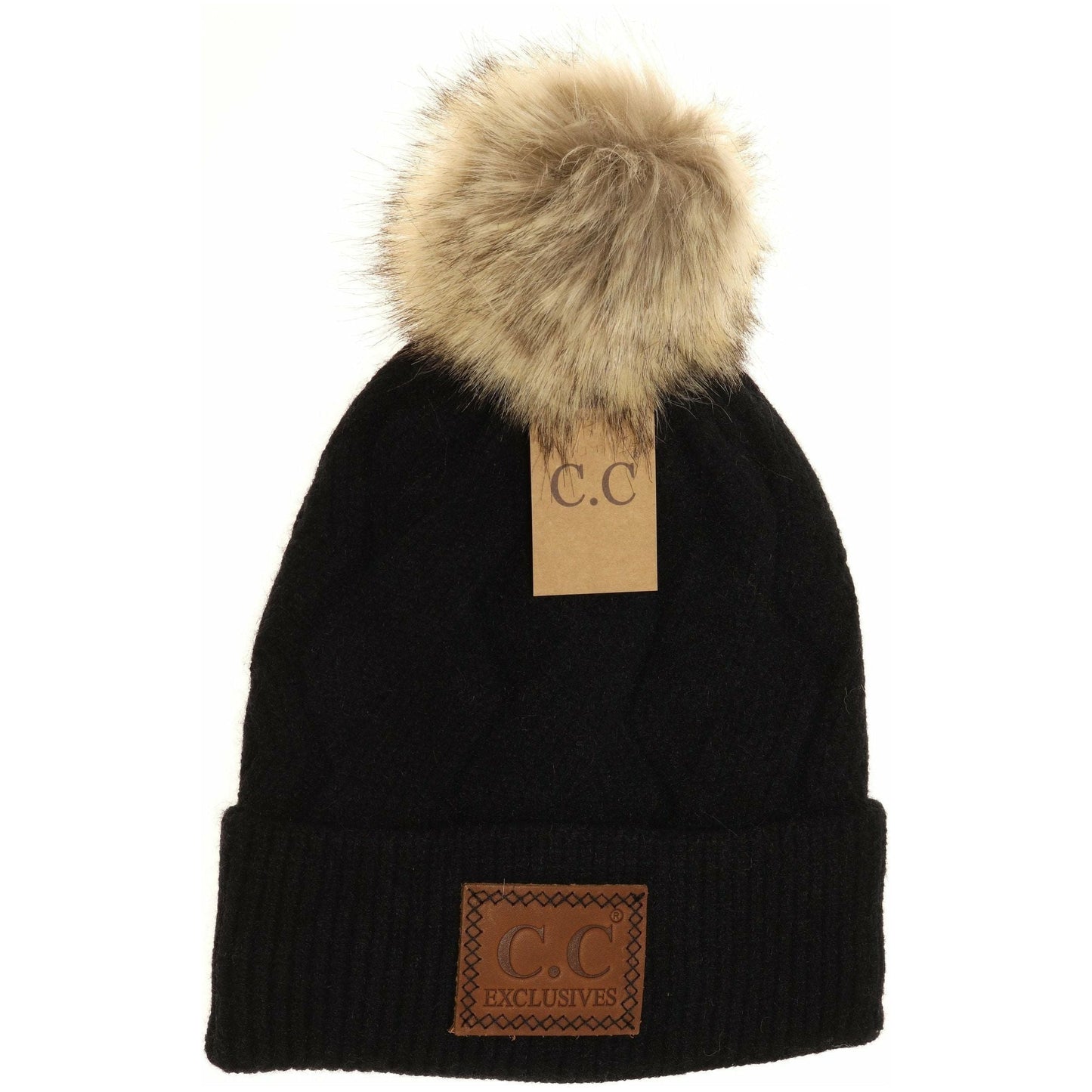 Geometric Knit Faux Fur Pom Beanie HAT2298