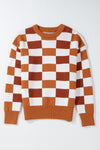 Orange Checkered Drop Shoulder Sweater