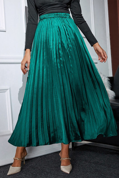 Blackish Green Satin Elastic Waist Pleated Skirt