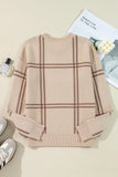 Khaki Plaid Knitted Drop Shoulder Sweater