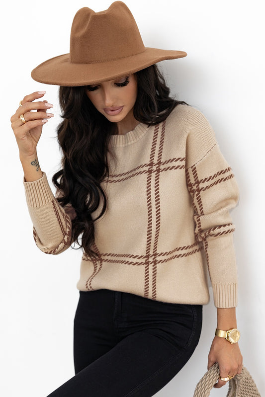 Khaki Plaid Knitted Drop Shoulder Sweater