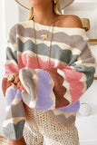 Gray Wave Striped Balloon Sleeve Sweater