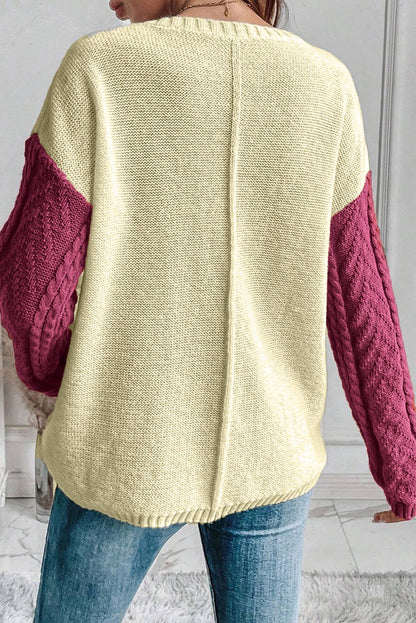 Rose Tan Colorblock Patched Pocket Drop Shoulder Sweater