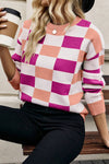 Pink Checkered Ribbed Edge Drop Shoulder Sweater