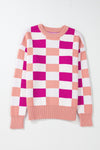 Pink Checkered Ribbed Edge Drop Shoulder Sweater