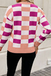 Pink Checkered Ribbed Edge Drop Shoulder Sweater