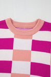 Pink Checkered Ribbed Edge Drop Shoulder Sweater