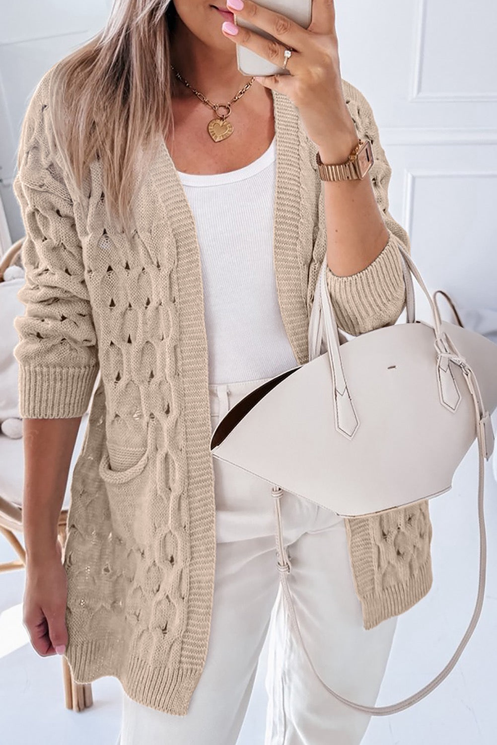 Jet Stream Cable Knit Side Pockets Baggy Cardigan