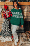 Green Christmas Snowflake Dotted Round Neck Sweater