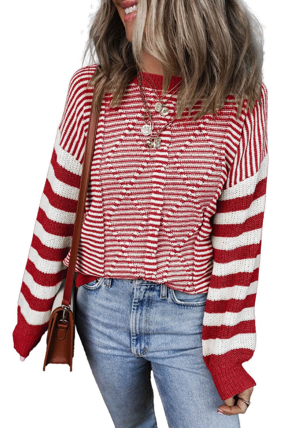 Red Geometric Textured Drop Shoulder Sweater