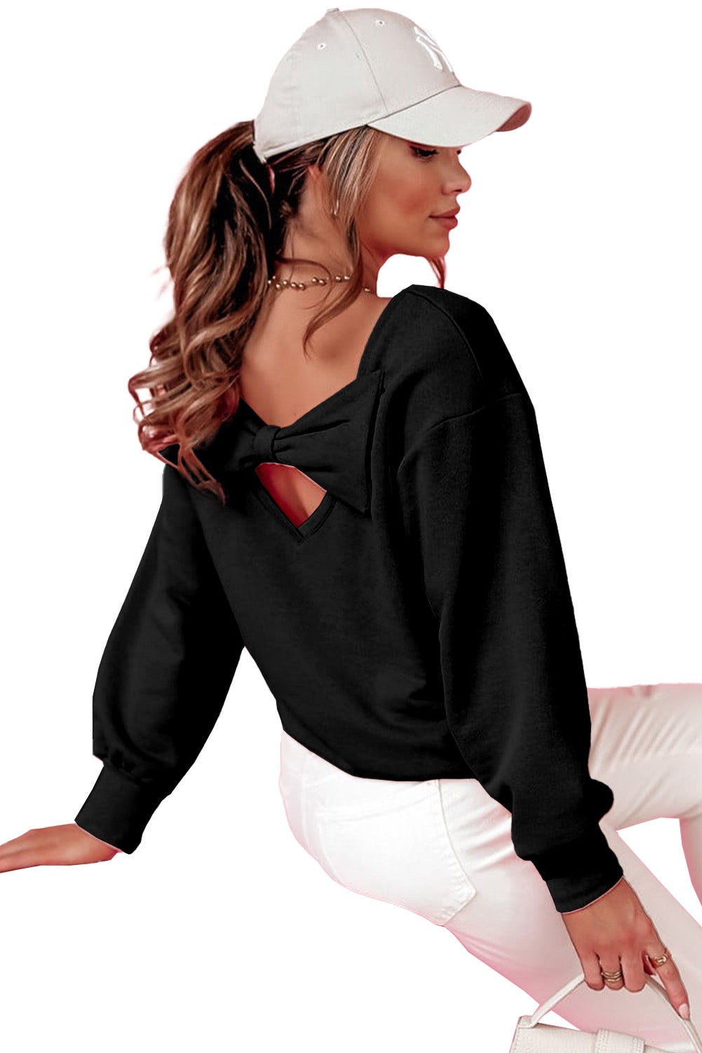 Black Bowknot Round Neck Sweatshirt