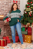 Plus Size Green Christmas Snowflake Pattern Drop Shoulder Sweater