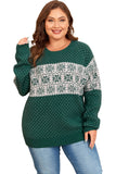 Plus Size Green Christmas Snowflake Pattern Drop Shoulder Sweater