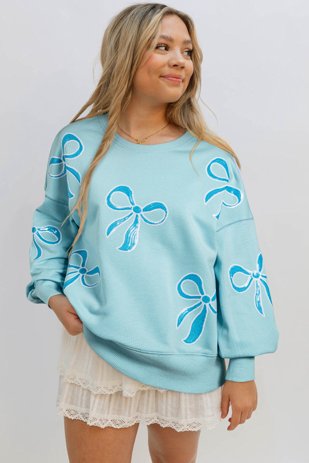 Blue Sequined Bowknot Drop Shoulder Oversized Sweatshirt