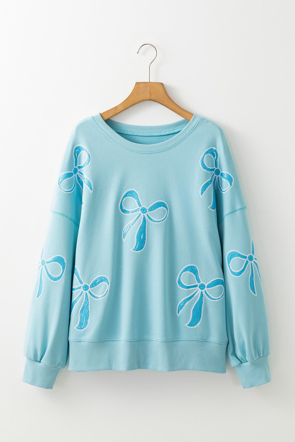 Blue Sequined Bowknot Drop Shoulder Oversized Sweatshirt