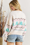 White Striped Christmas Tree Ribbed Drop Shoulder Sweater