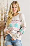 White Striped Christmas Tree Ribbed Drop Shoulder Sweater