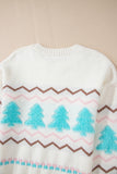 White Striped Christmas Tree Ribbed Drop Shoulder Sweater