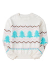 White Striped Christmas Tree Ribbed Drop Shoulder Sweater