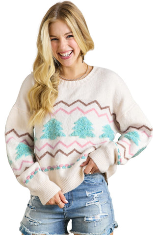 White Striped Christmas Tree Ribbed Drop Shoulder Sweater