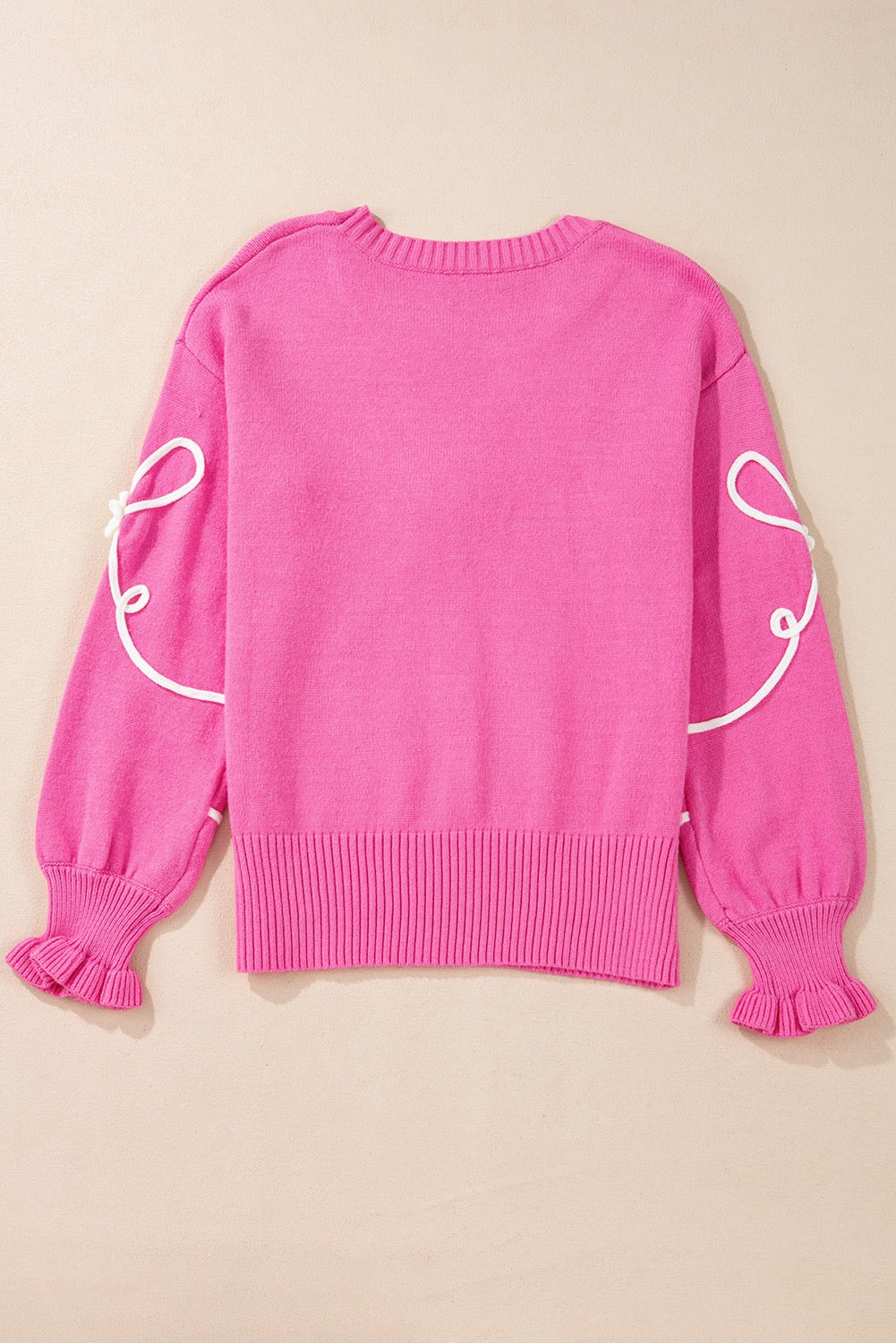 Bright Pink Corded Flower Bow Casual Sweater