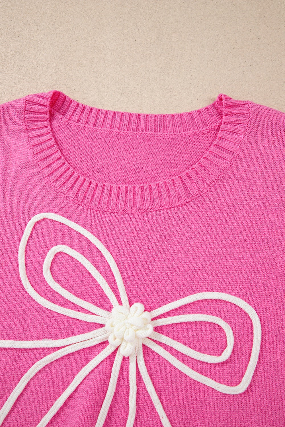 Bright Pink Corded Flower Bow Casual Sweater