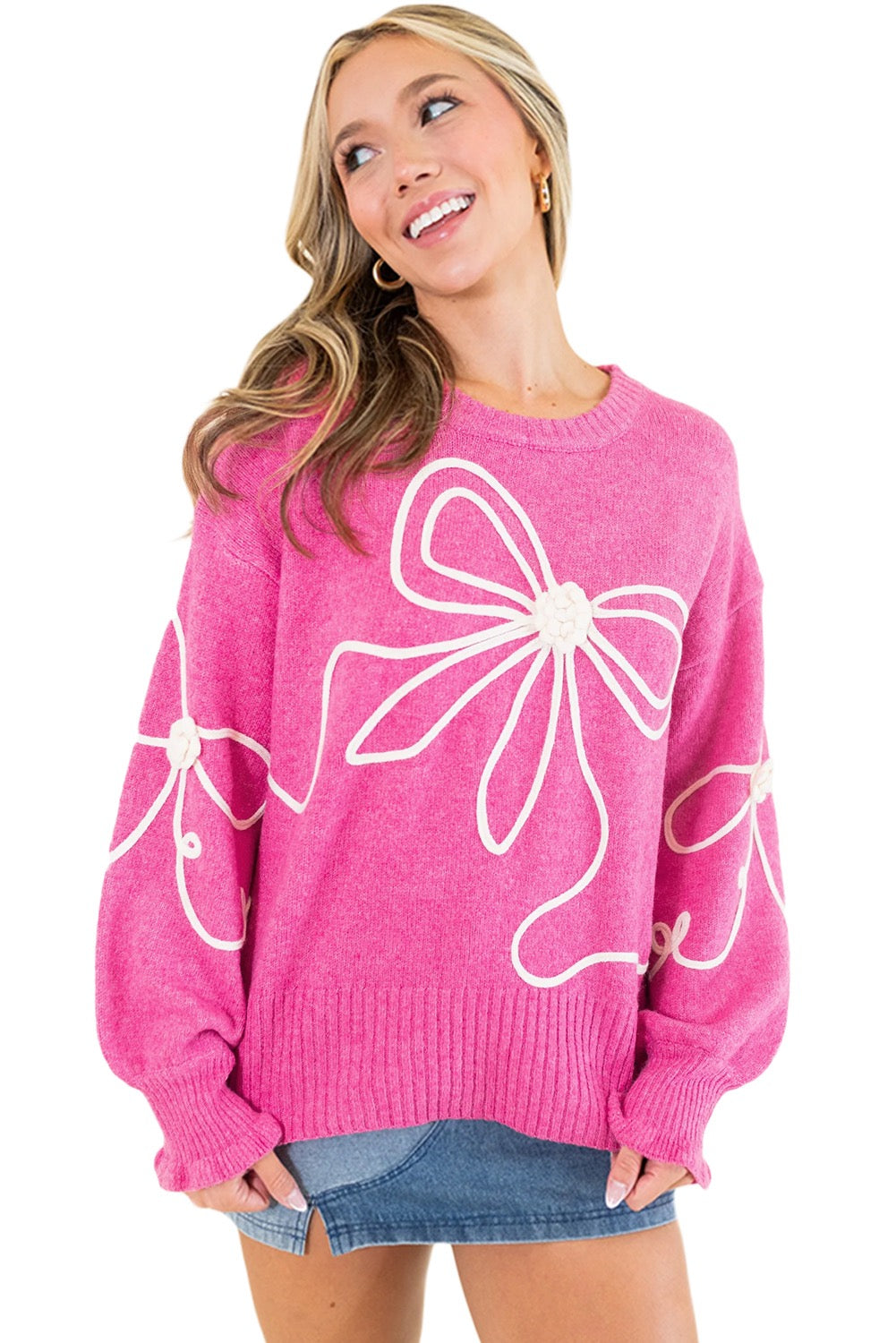 Bright Pink Corded Flower Bow Casual Sweater