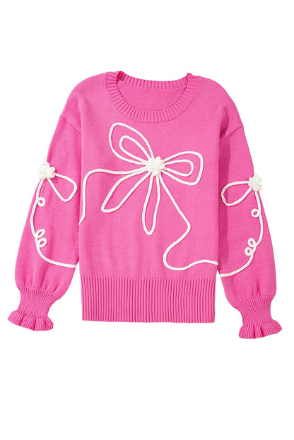 Bright Pink Corded Flower Bow Casual Sweater