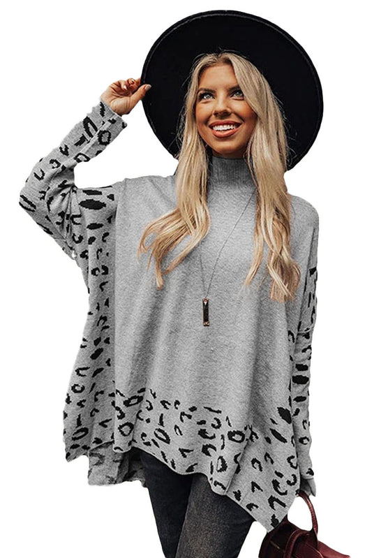 Gray Leopard Oversized Sweater With Side Slit