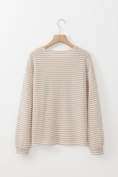 Khaki Striped Round Neck Drop Shoulder Top