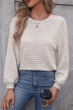 Khaki Striped Round Neck Drop Shoulder Top