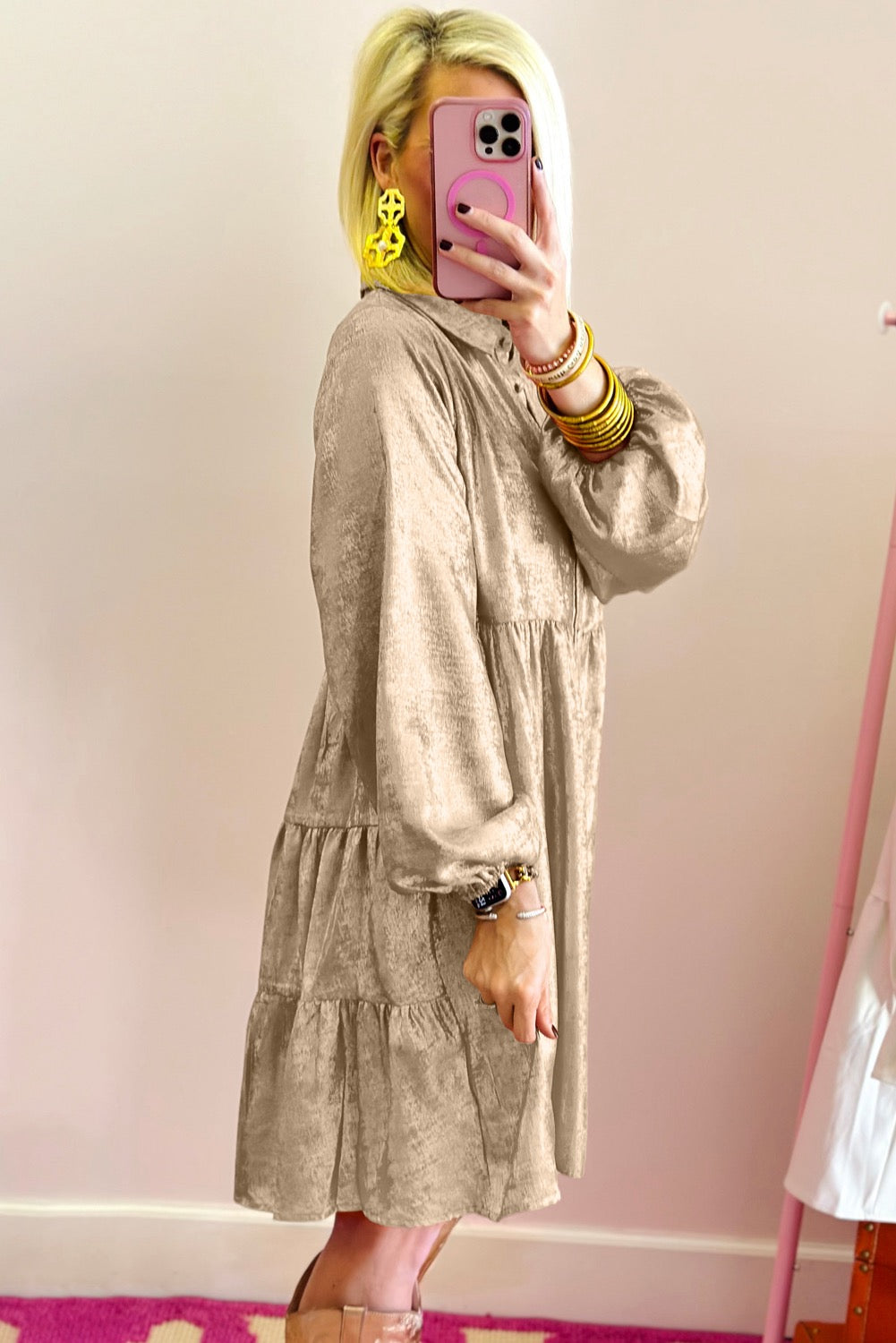 Apricot Metallic Puff Sleeve Mini Shirt Dress