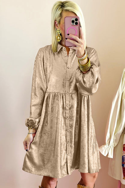 Apricot Metallic Puff Sleeve Mini Shirt Dress