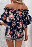 Blue Off Shoulder Floral Blouse