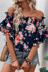 Blue Off Shoulder Floral Blouse