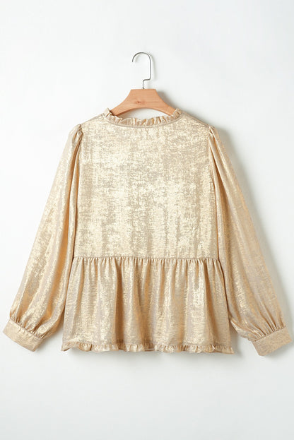 Gold Metallic V Neck Puff Sleeve Babydoll Blouse