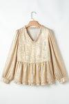 Gold Metallic V Neck Puff Sleeve Babydoll Blouse