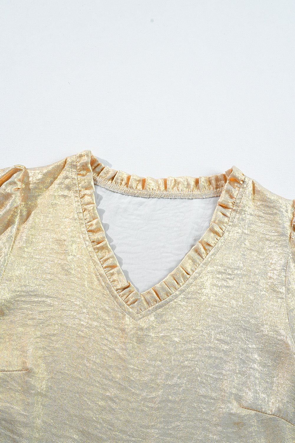 Gold Metallic V Neck Puff Sleeve Babydoll Blouse