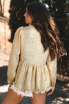 Gold Metallic V Neck Puff Sleeve Babydoll Blouse