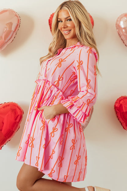 Pink Bowknot Striped Tiered Ruffled Mini Shirt Dress