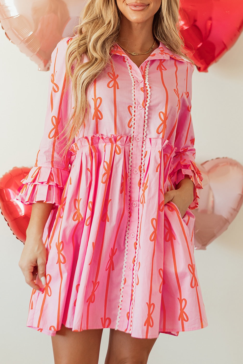 Pink Bowknot Striped Tiered Ruffled Mini Shirt Dress